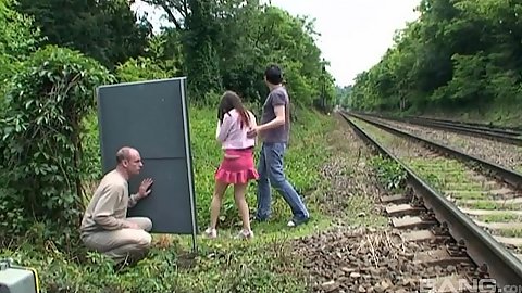 Amateur couple caught by voyeur pervert fucking by the rail road with Lucie