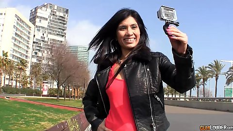 Eva Reina doing some selfies with a go pro on the public streets
