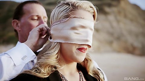 Blindfolded wife Christen gives oral