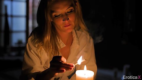 Romantic candle sensual setup from fully clothed blonde Mona Wales