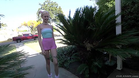Slim body pink skirt blond pigtails Haley Reed goes in for some dominating make out session