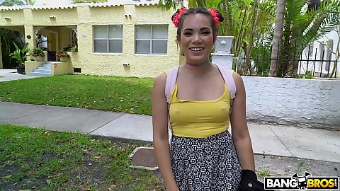 Poking nipples through her shirt and no bra on with bombshell college asian Keilani Kita eagerly hopping in on bangbus