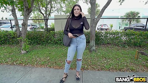 Ripped on the knees jeans pick up of fully clothed Selene Sinclair in public and inviting into our van