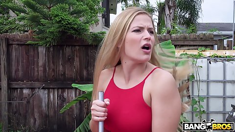 Sloan Harper doing some sweeping outdoors and not wearing underwear under her dress then sucking penis