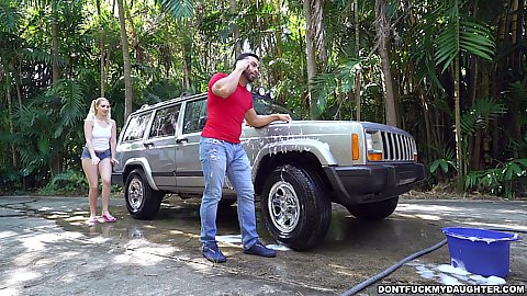 Blonde stepdaughter in sexy little shorts Sierra Nicole doing a car wash and sucking some nice dick outdoors