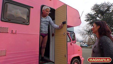 Soon to be picked up Mercedes knocked on the door of a rv campervan when an old man opened the door and felt upset since his blowup doll fucking time was interrupted