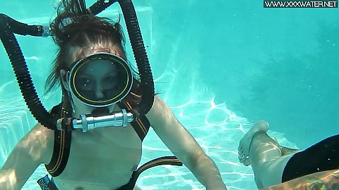 Wearing scuba rebreather gear naked young teen with small boobs Minnie Manga fingered by man while floating