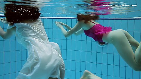Sima Lastova and Lera swimming around without wearing underwear under their dresses underwater