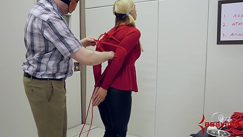 Blonde Sarah Vandella goes in and allows to be tied with rope and then fucked in punishment like submissive pose