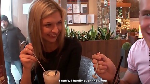 Enjoying a nice cafe with blonde girl Tatianna Yuki agreeying to suck dick in a public toilet for money