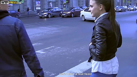 Young girl exciting pick of joyus Silvia Jons and traking her to a cafe for a chat