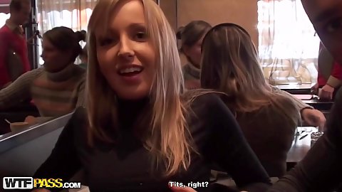 Smiling girl Stacy Cute is satisfied with the money for boobs offer and strips naked in a public toilet
