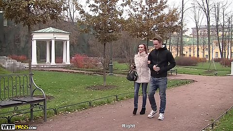 Romantic walk in the park after pick in public with amateur redhead Olivia talking and then going home