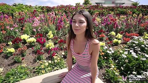 Cute looking brunette 18 year old girl wearing a drss and no bra Gianna Gem flashing her boobies in the park and giving oral sex in car in public