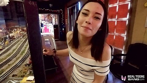 No bra wearing strapless dress 18 year old Aria Lee going out in public to have fun and give oral