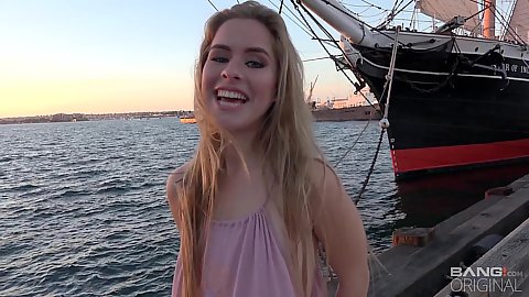 Blonde girl wearing a dress over a sexy young 18 year old body Lilly Ford not wearing a bra taking a tour of a sail boat