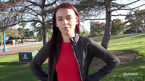 Chatting with public brunette teen Karlie Brookes in th epark and she flashes her braless tits while we are there