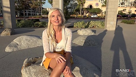 Outdoors public conversation with lovely pretty blonde teen Eliza Jane inviting her over for an audition interview