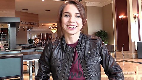 Brunette fully clothed talking with amateur 18 year old Cece Capella picking her up for our casting offer