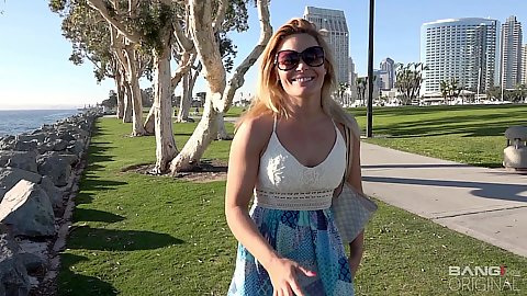 Outdoors sunglasses wearing public blonde milf in a nice looking dress Blaten Lee picked up for a fun time