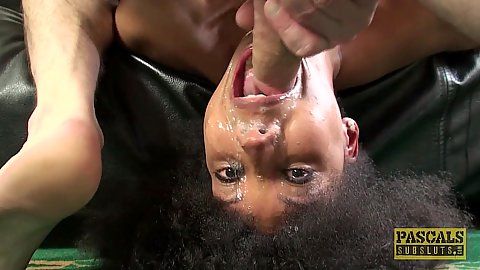 Lie back blowjob mouth probing hard slobbering face mistreatment with small chested black girl Sade Rose screwed with white penis