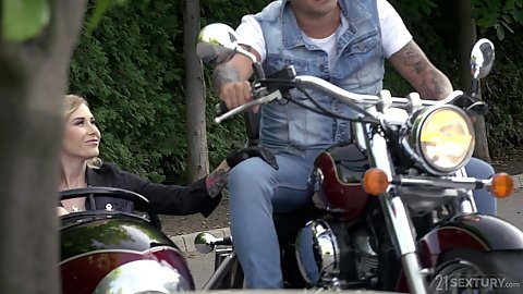 Outdoors driving around on a motorcyle with cock blowing blonde in leather gloves Madison A