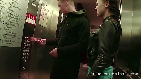 Taking the public elevator with petite amateur teen gf Leksy Fox getting home and straight into making out instead of study