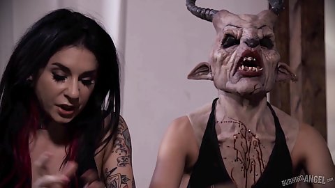 Monster mask and great scene with story based talking from goth latina Katrina Jade and Carmen Caliente and Joanna Angel