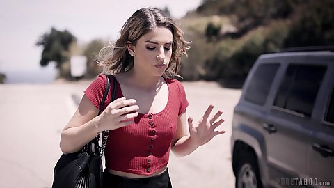 Petite little hitchhiker teen Kristen Scott lost on the road and nice man offers her a ride during which they talk
