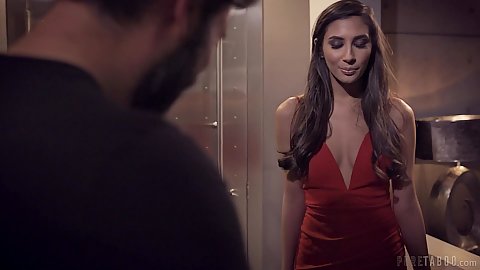 No bra wearing sexy evening dress brunette woman Chanel Preston is a substitute wife for one night