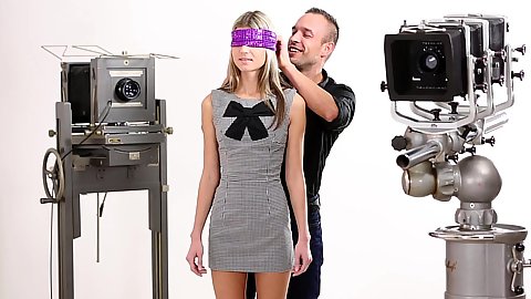 Romantic blindfolding of a romantic teen blonde in a sexy dress Gina Gerson touching and kissing included
