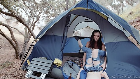 Camping scene of milf and teen sharing a tend in the woods getting naked and doing some romantic cunnilingus