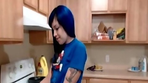 Emo gf Jade Rox cooking something in the kitchen slowly gets naked