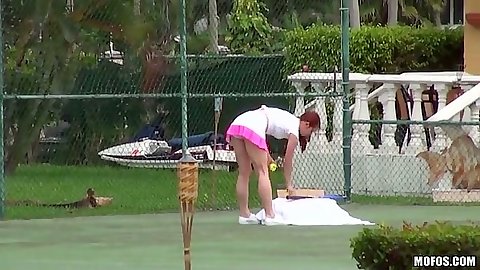 Tennis amateur sporty chick Melody Jordan wearing sexy skirt on court