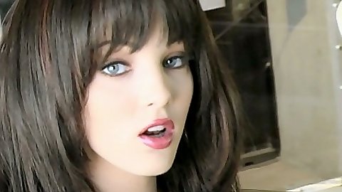 Solo doll babe brunette Charlie Laine masturbation with legs spread