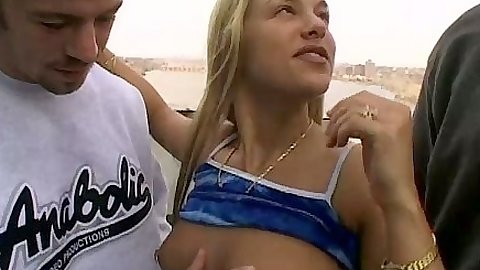 Outdoor petite Judy Star getting tits touched and sucks