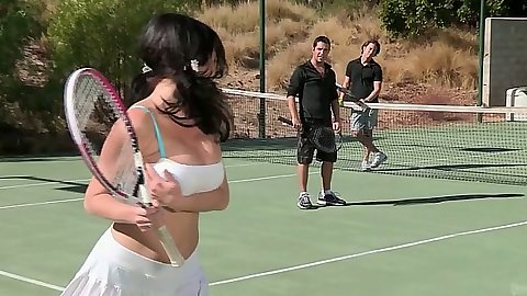 Teen sporty chick Veronica Avluv sucking two dicks in her bra