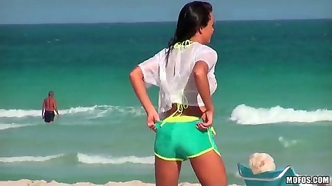 Outdoor sexy bikini girl Rahyndee in tight ass shorts in public
