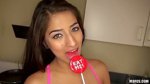 Sucking a lollipop solo teen Megan Salinas shaved pussy spreading view
