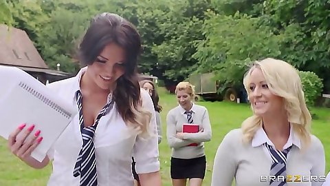 Outdoor teen school girls on a field trip with Emma Leigh acting naughty