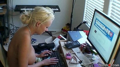 Blonde Carly Parker on the pc then titty fuck in glasses