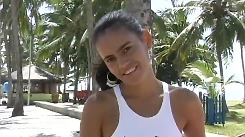 Latina Caboquinha smiling outdoors in cute pants then eaten by older man