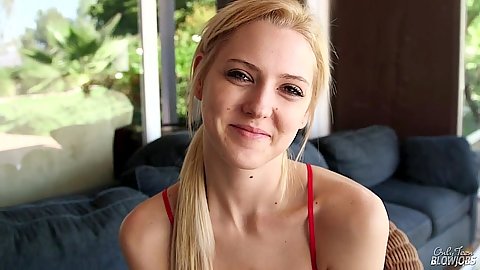 Smiling softcore blonde Mila Evans in her masturbation session