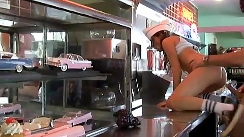 Nice little perky waitress fucked from behind 