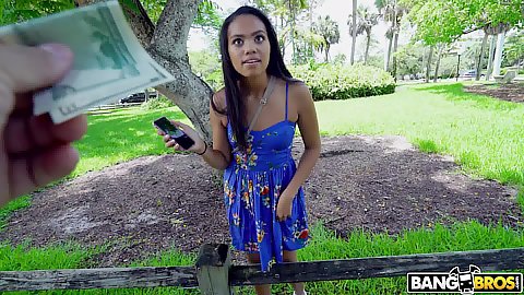 Impressive black girl in sexy blue dress Berlyn Toy offered cash to jump in our van she hesitates and takes the money in public