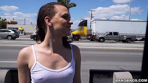 Alex More no bra under shirt with nipples poking out of her tank top gets on bang bus and again no bras allowed on bangbus