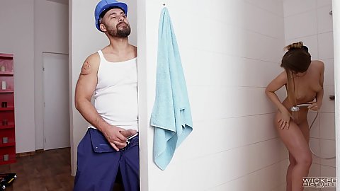Plumber is a pervert he spies on Anya Akulova taking a shower at the buildings changing room and pulls out it a dick she sees it and sucks it