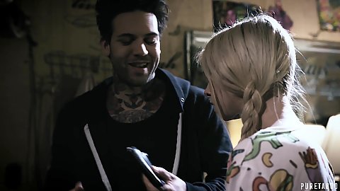 Kenzie Reeves in trailer park taboo scene looking puzzled and having man touch her and hold her tight