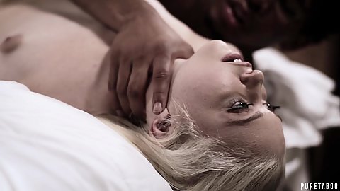 Creepy guy taking advantage of a roleplaying blonde teen blind girl Chloe Cherry giving her his big black dick and asking her to suck his balls