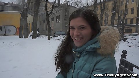 Pretty faced little nubile Keith A freezing her ass off in the snow we invite her in our studio